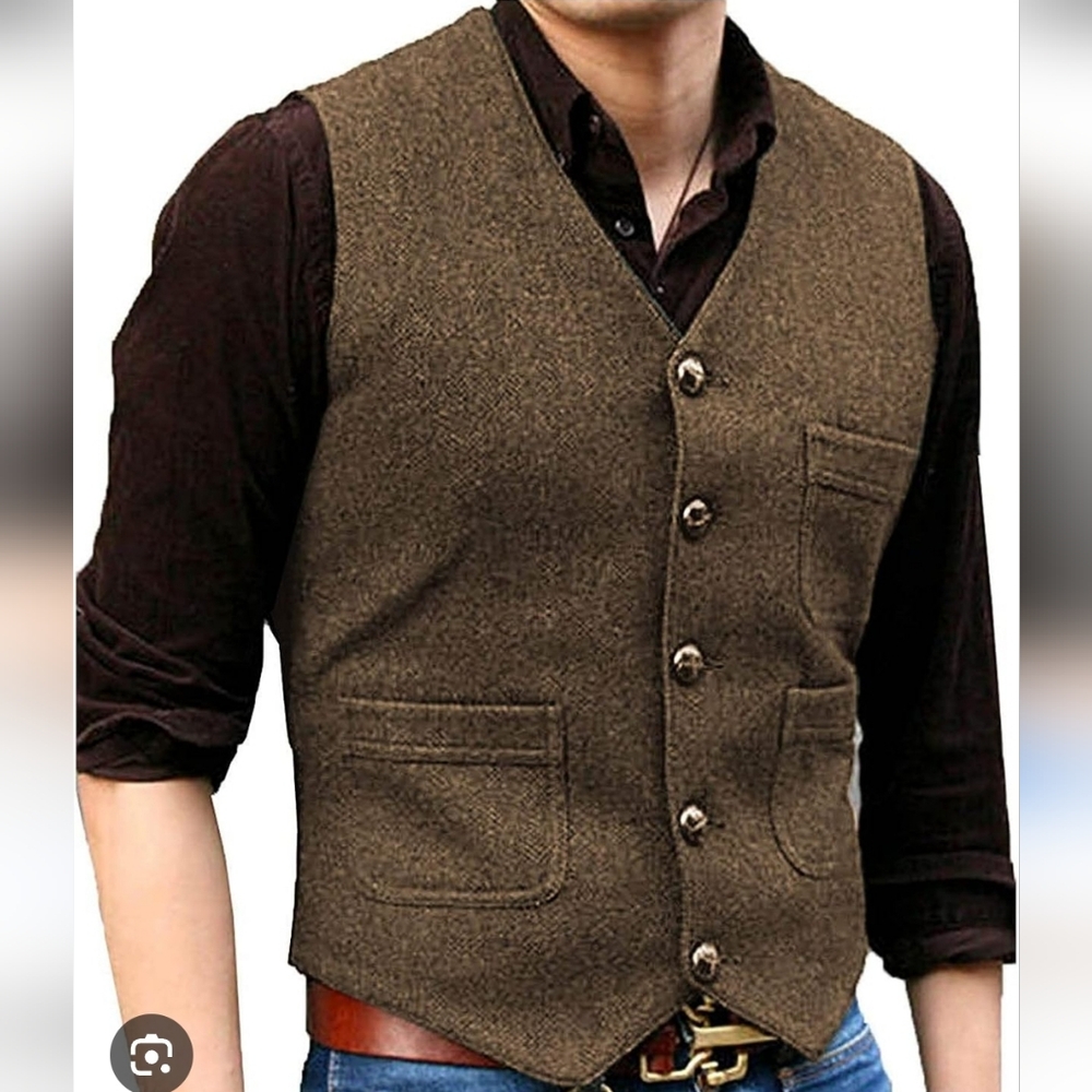 Old River Brown Tweed 100% Wool Vest with Buttons Men's  Vest